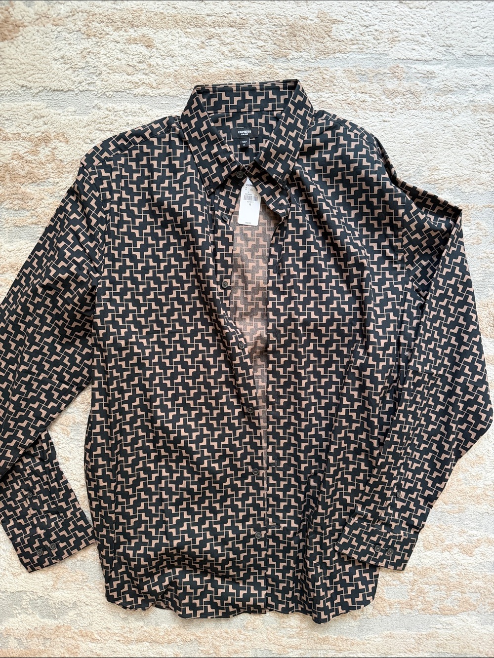 Express Men’s Slim 1MX Geometric Print Button-Up Shirt in Black/Brown - Size XL